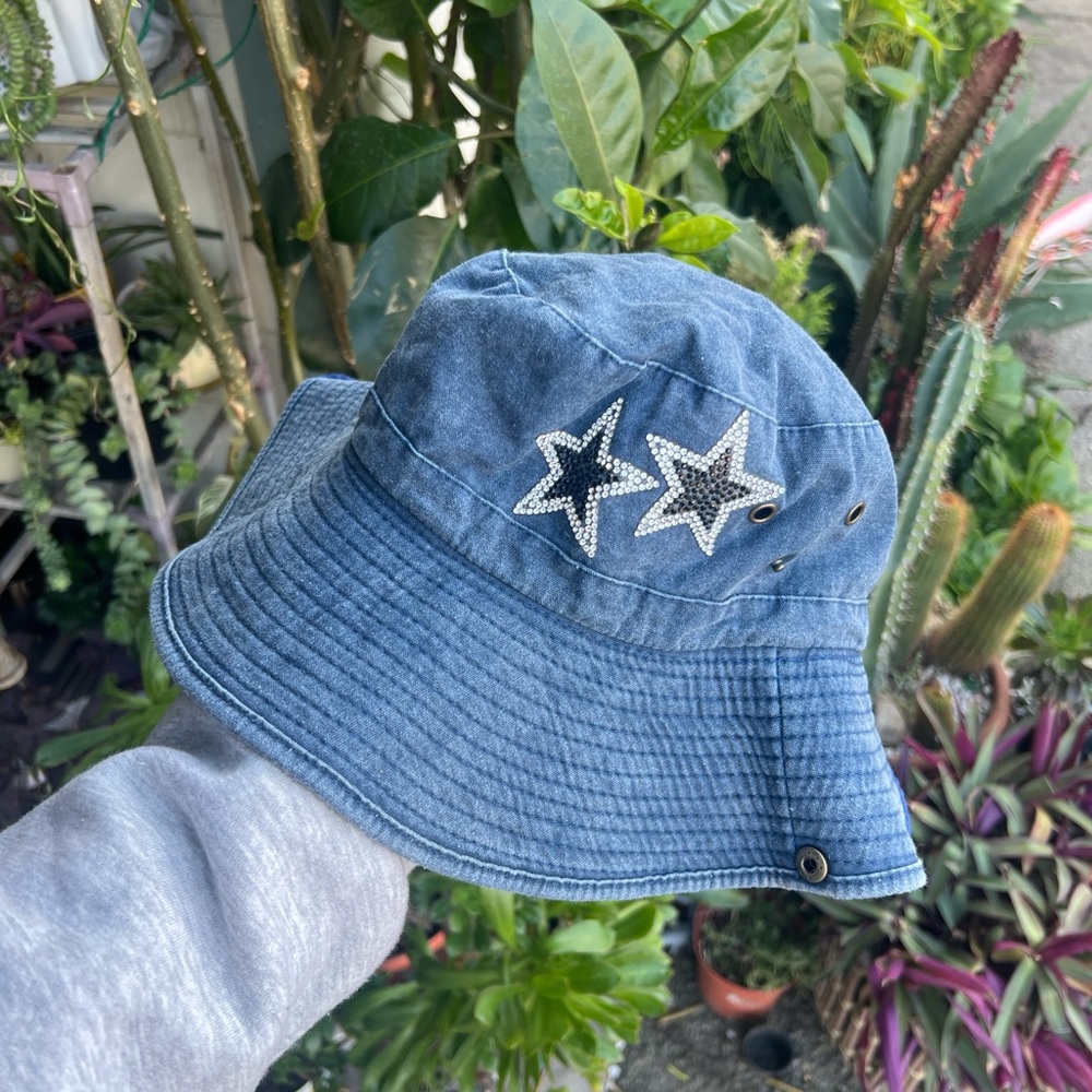 Denim Bucket Hat with Star Patches